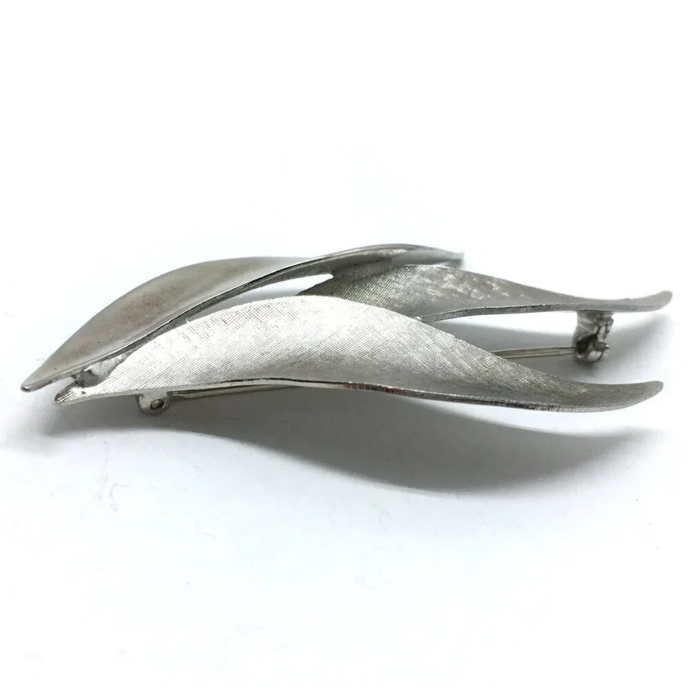 Silver Tone Leaves Brooch Large Leaf Pin Minimalist Art Deco Jewelry MCM Retro